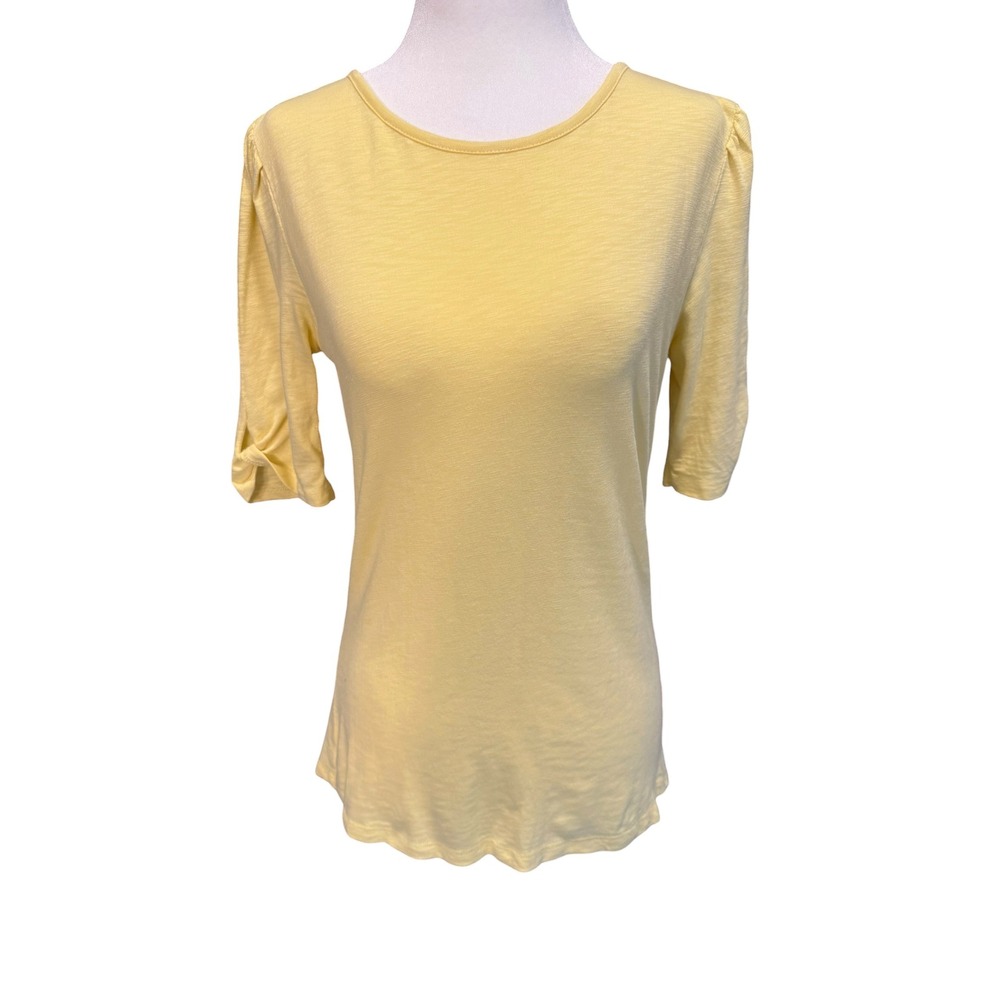 Talbots Womens Yellow Slub Knit Puff Sleeve Tie Cuff Top XS Cotton Modal